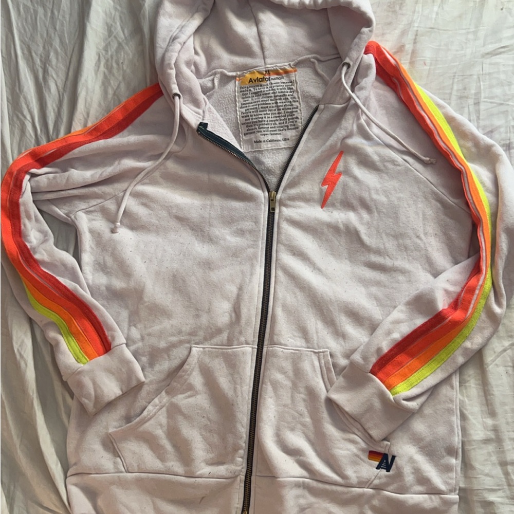 Aviator Nation White and Red Zip Up Sweater with Colorful Striped Sleeves